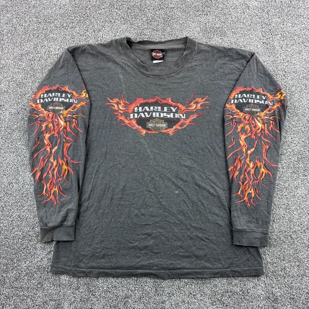 Vintage Harley Davidson Shirt Mens Large Gray Flames‎ Long Sleeve Metal Biker